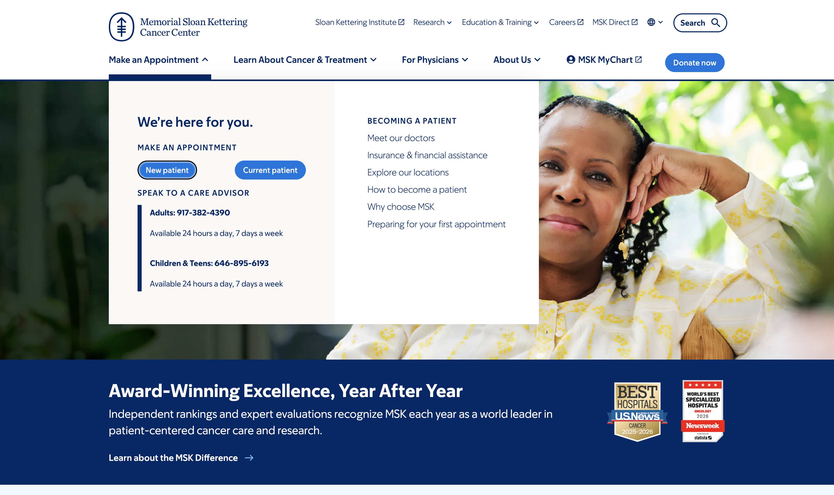 Memorial Sloan Kettering navigation prioritizing appointments and patient support.