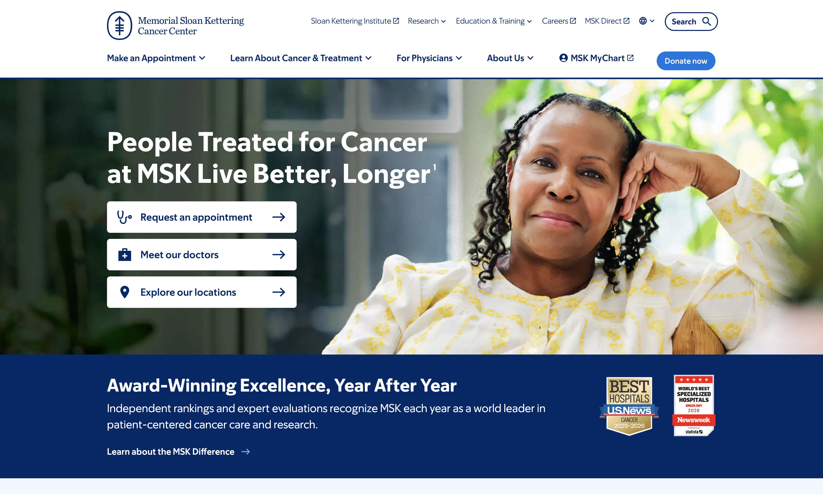 Memorial Sloan Kettering homepage featuring compassionate imagery and clear patient pathways.