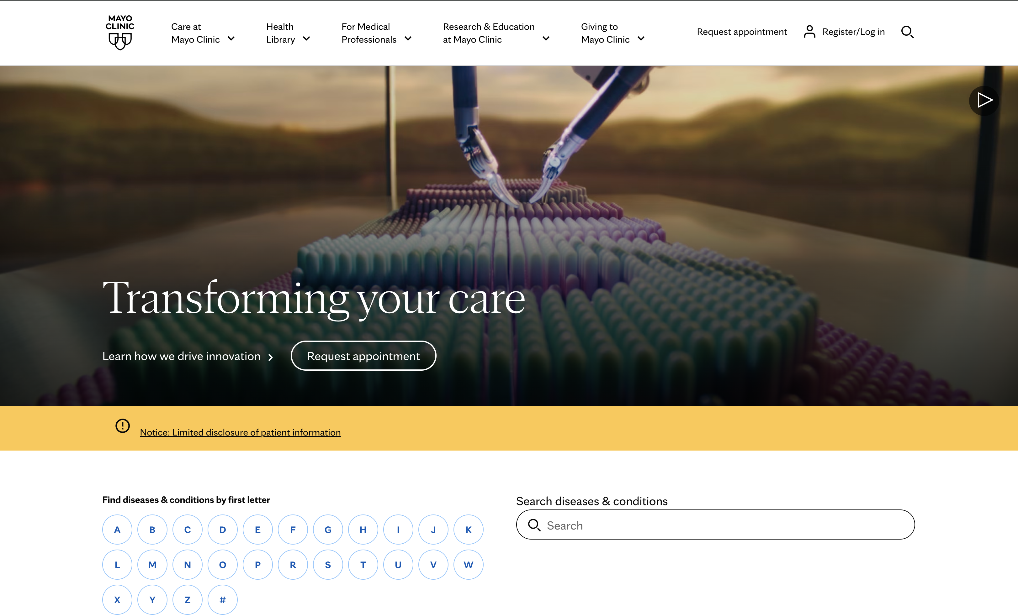Mayo Clinic homepage featuring a clean layout, patient imagery, and clear navigation.