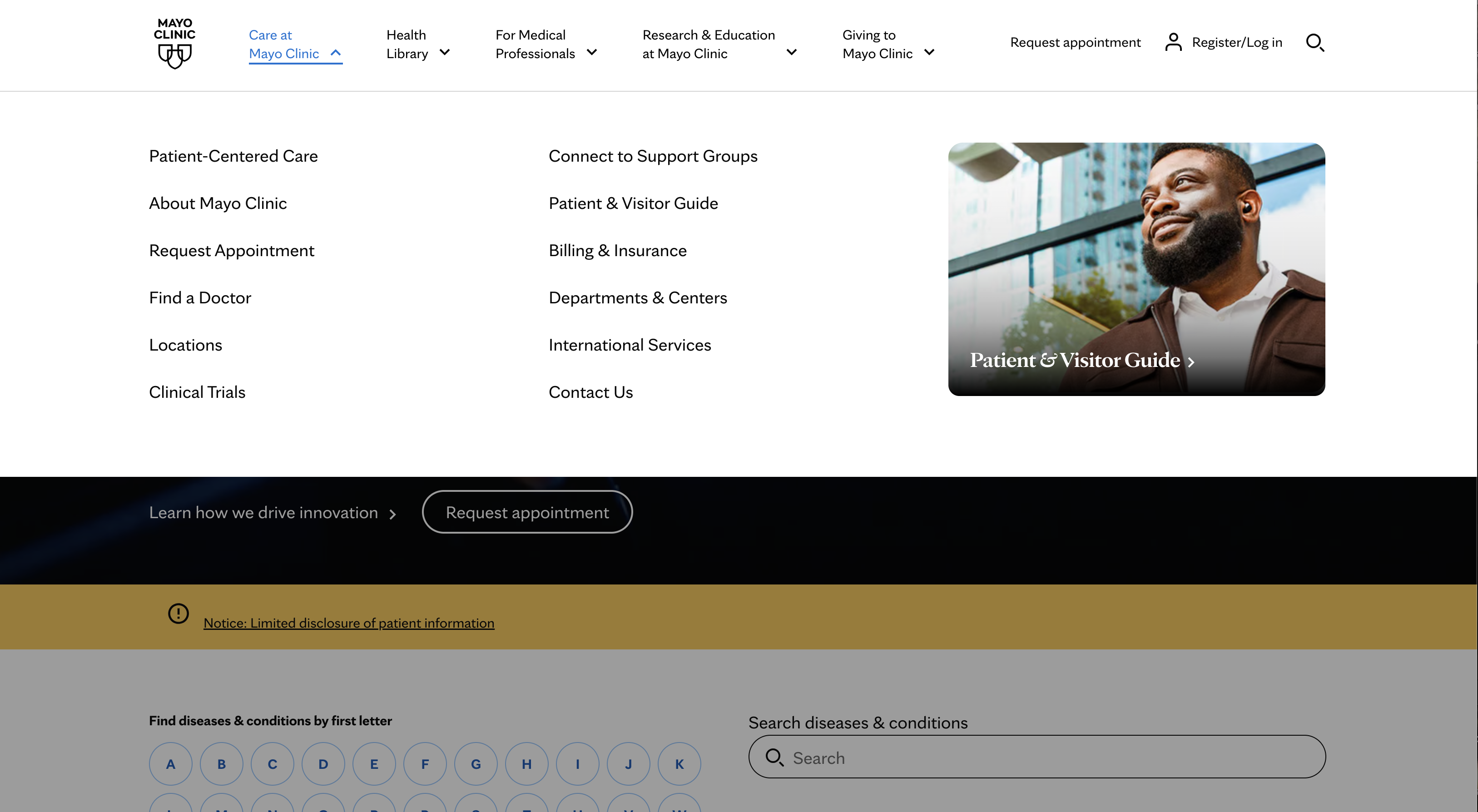 Mayo Clinic navigation menu organized around patient needs and common tasks.
