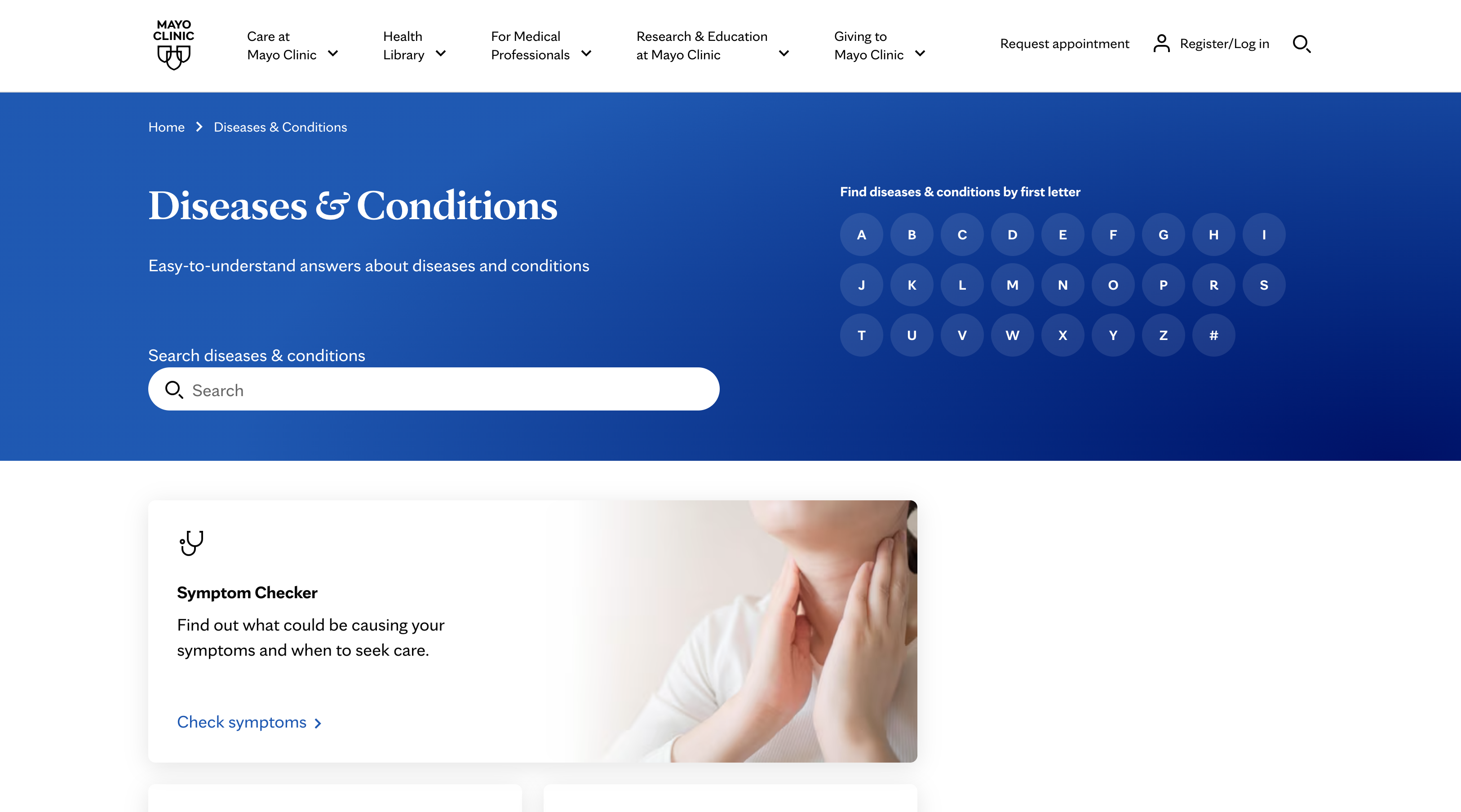 Mayo Clinic disease directory with alphabet navigation and prominent search.