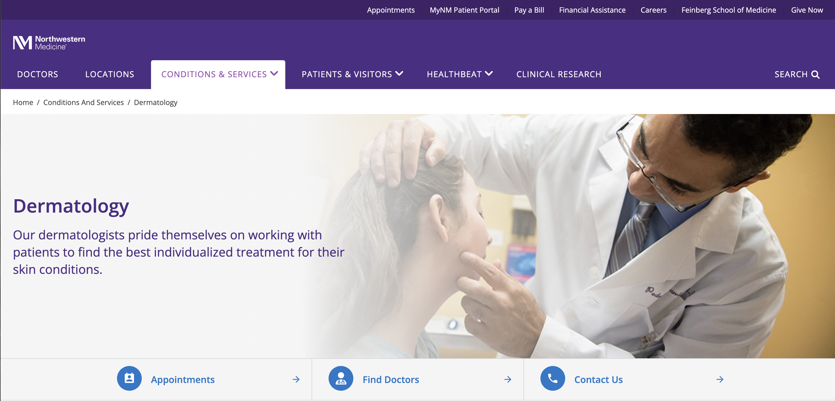 Northwestern Medicine content organized around conditions, treatments, and locations.