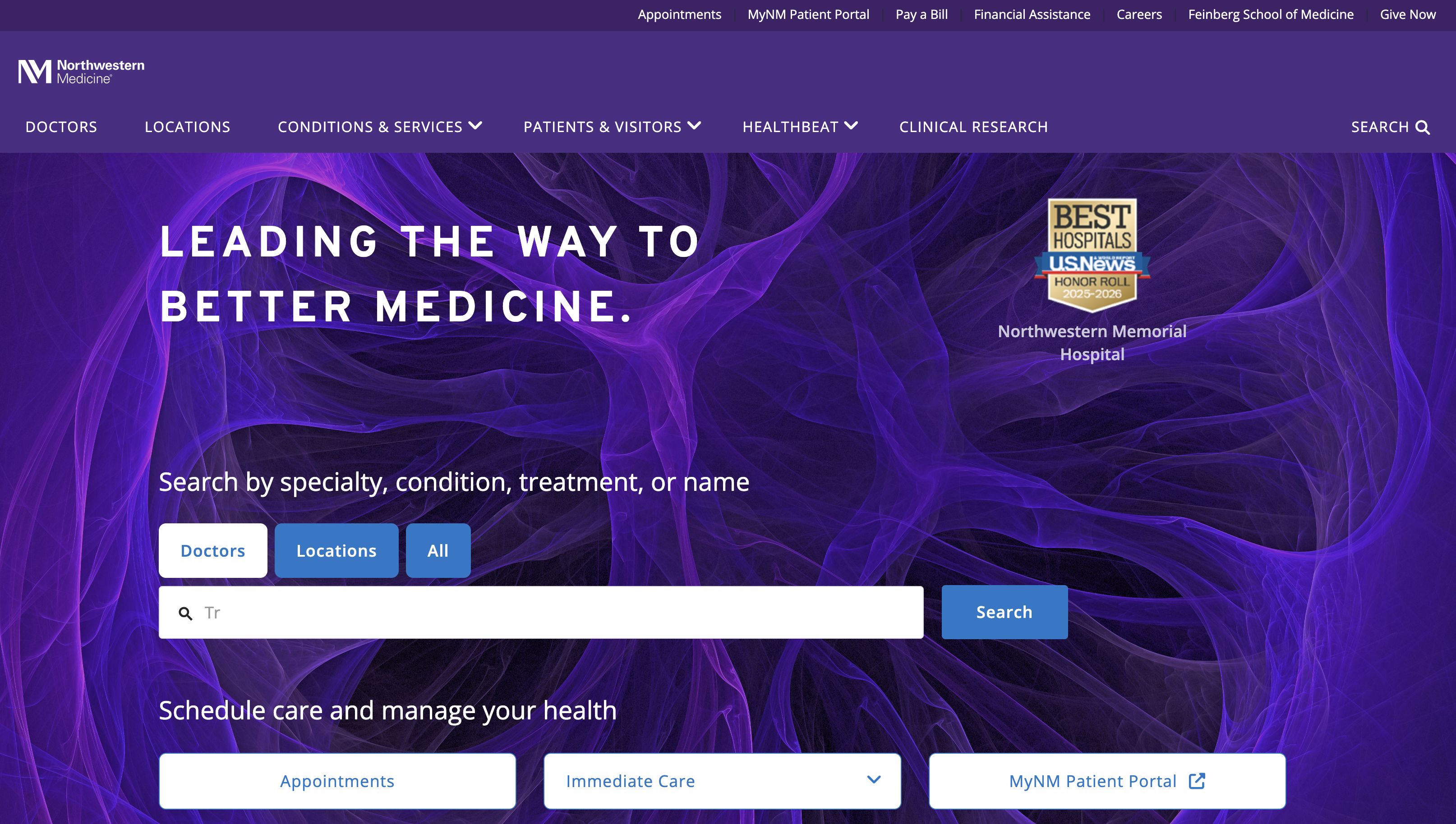 Northwestern Medicine homepage with integrated provider search and scheduling options.