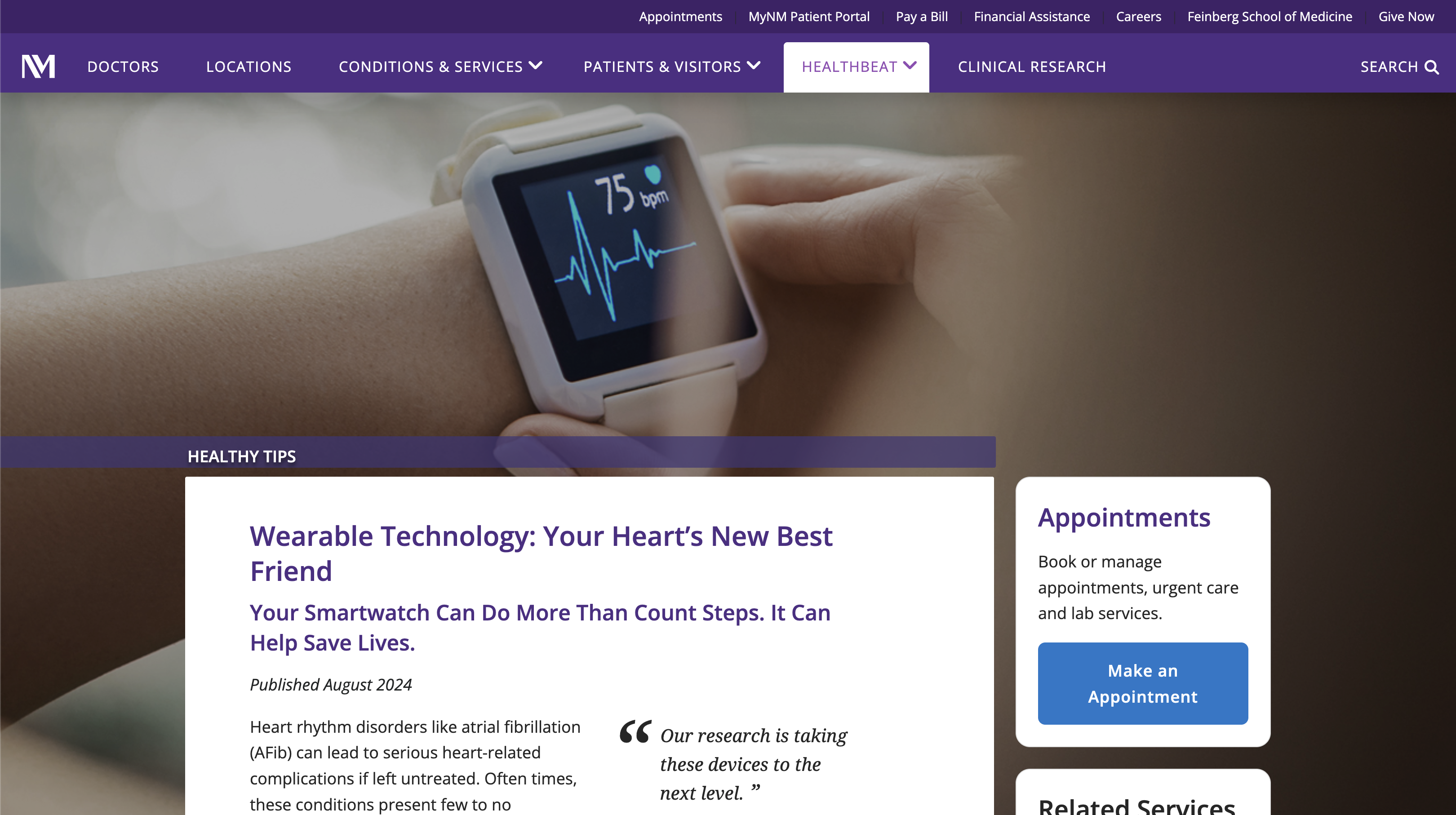 Northwestern Medicine health article with appointment call-to-action alongside educational content.