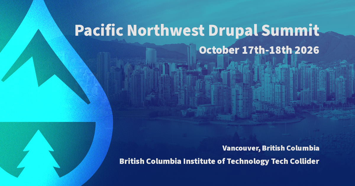 Blue and teal graphic for Pacific Northwest Drupal Summit with a cityscape background.