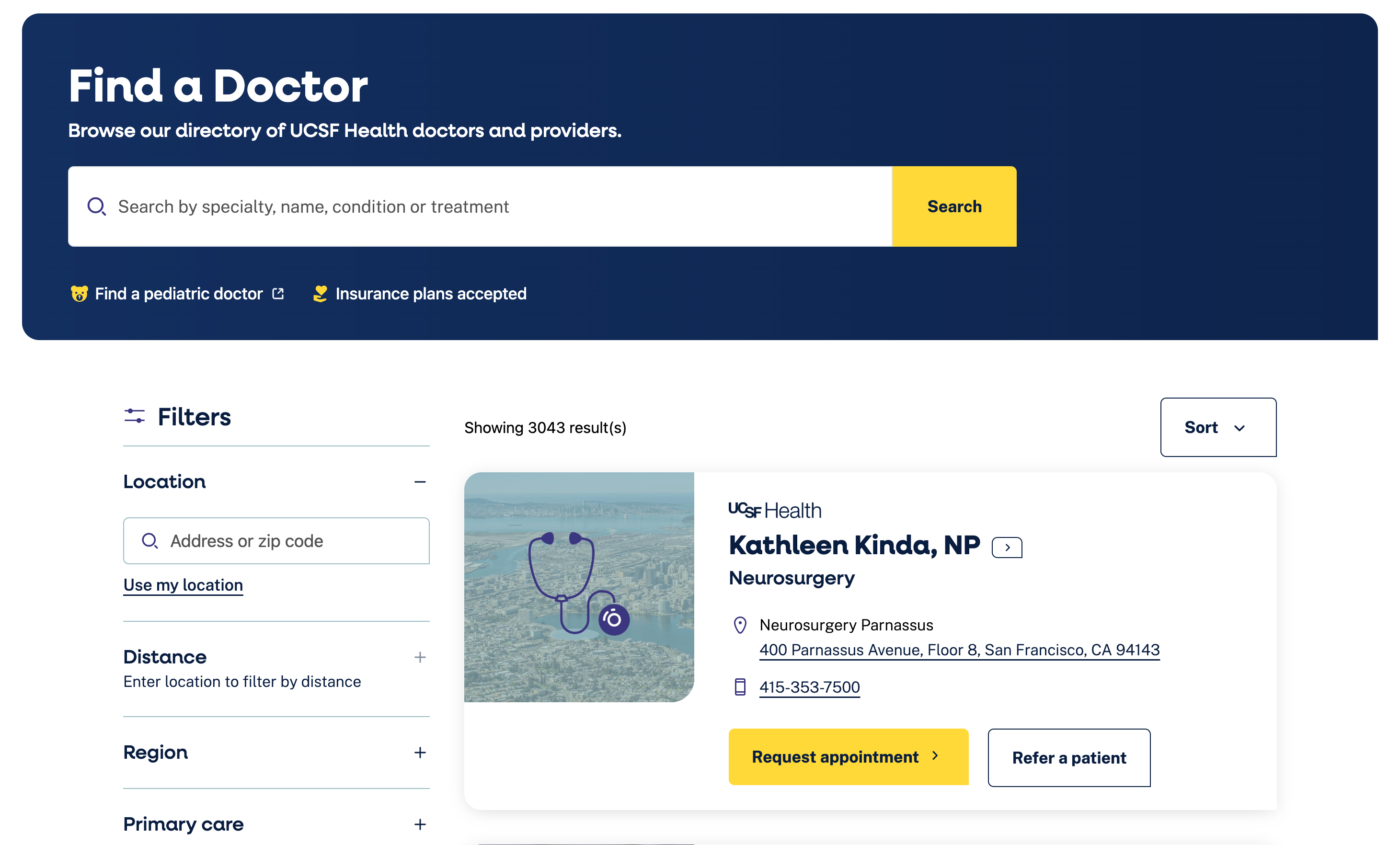 UCSF Health physician directory with filters and appointment options.