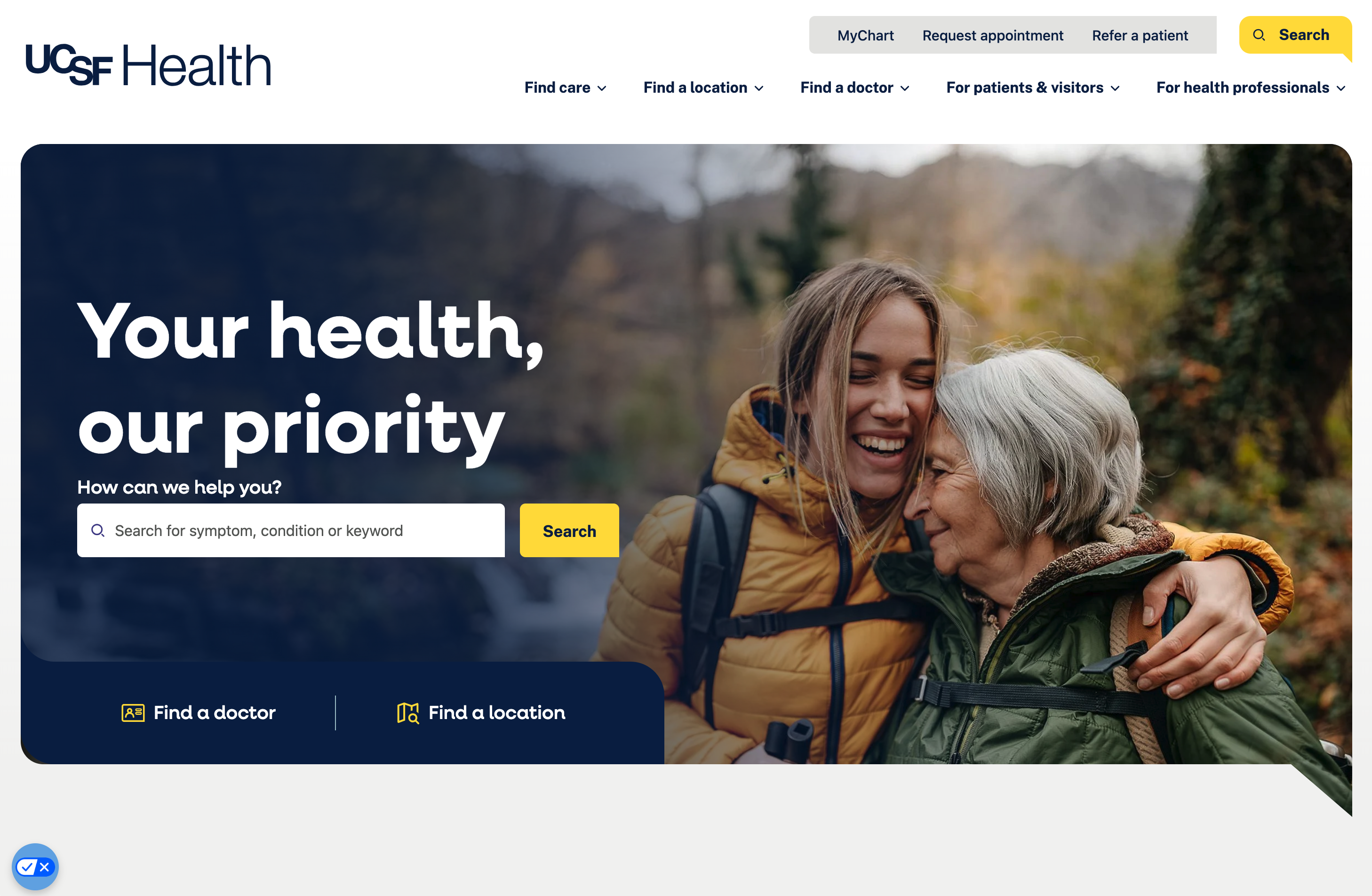 UCSF Health homepage featuring accessible navigation, search, and patient-focused design.