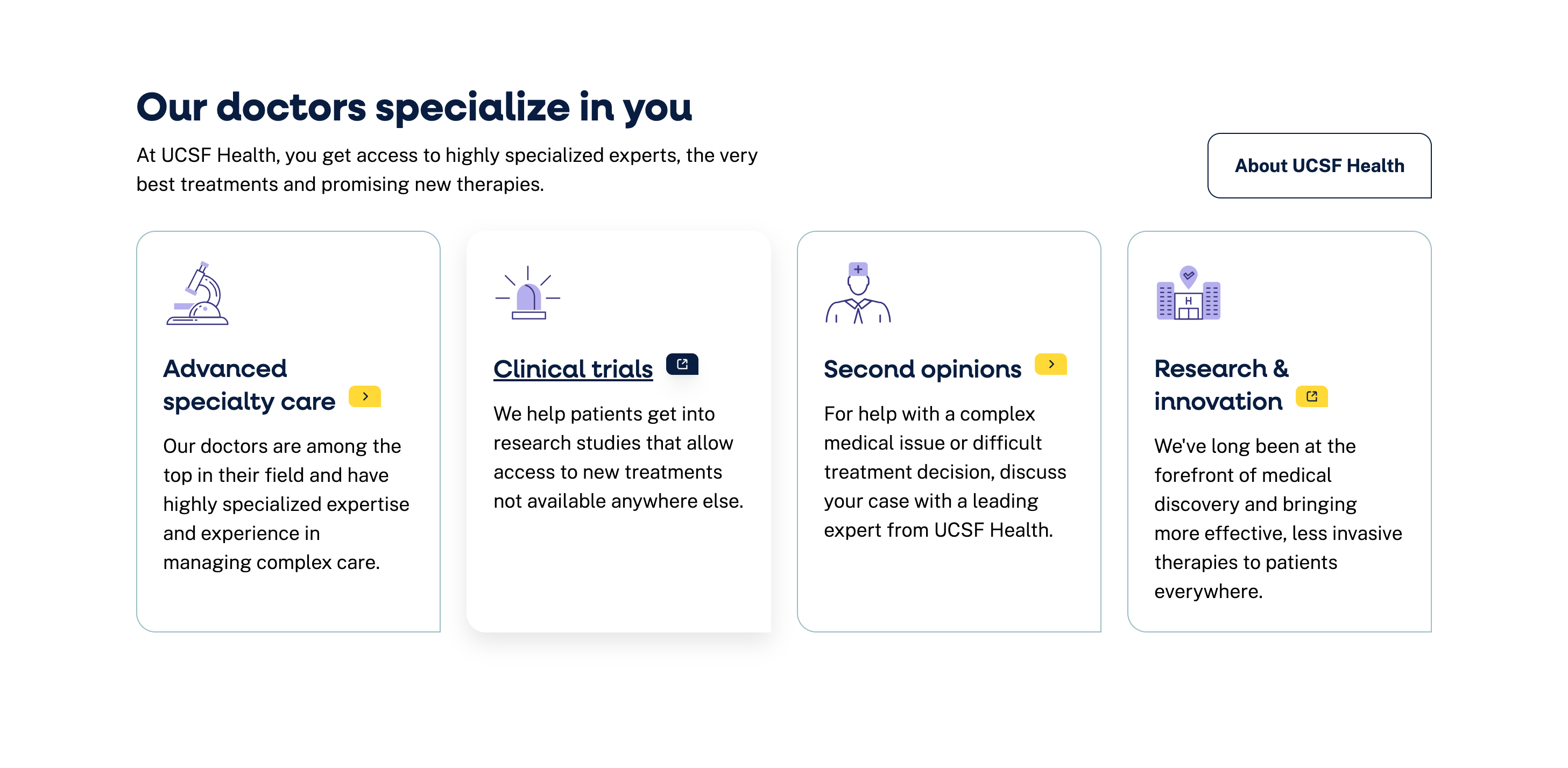 UCSF Health call-to-action cards highlighting specialty care and clinical services.