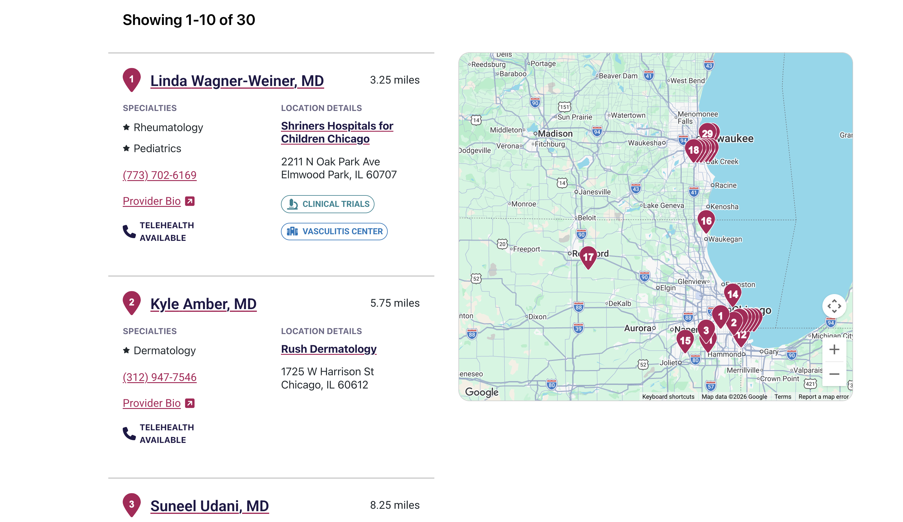 Vasculitis Foundation physician search results with map and provider details.