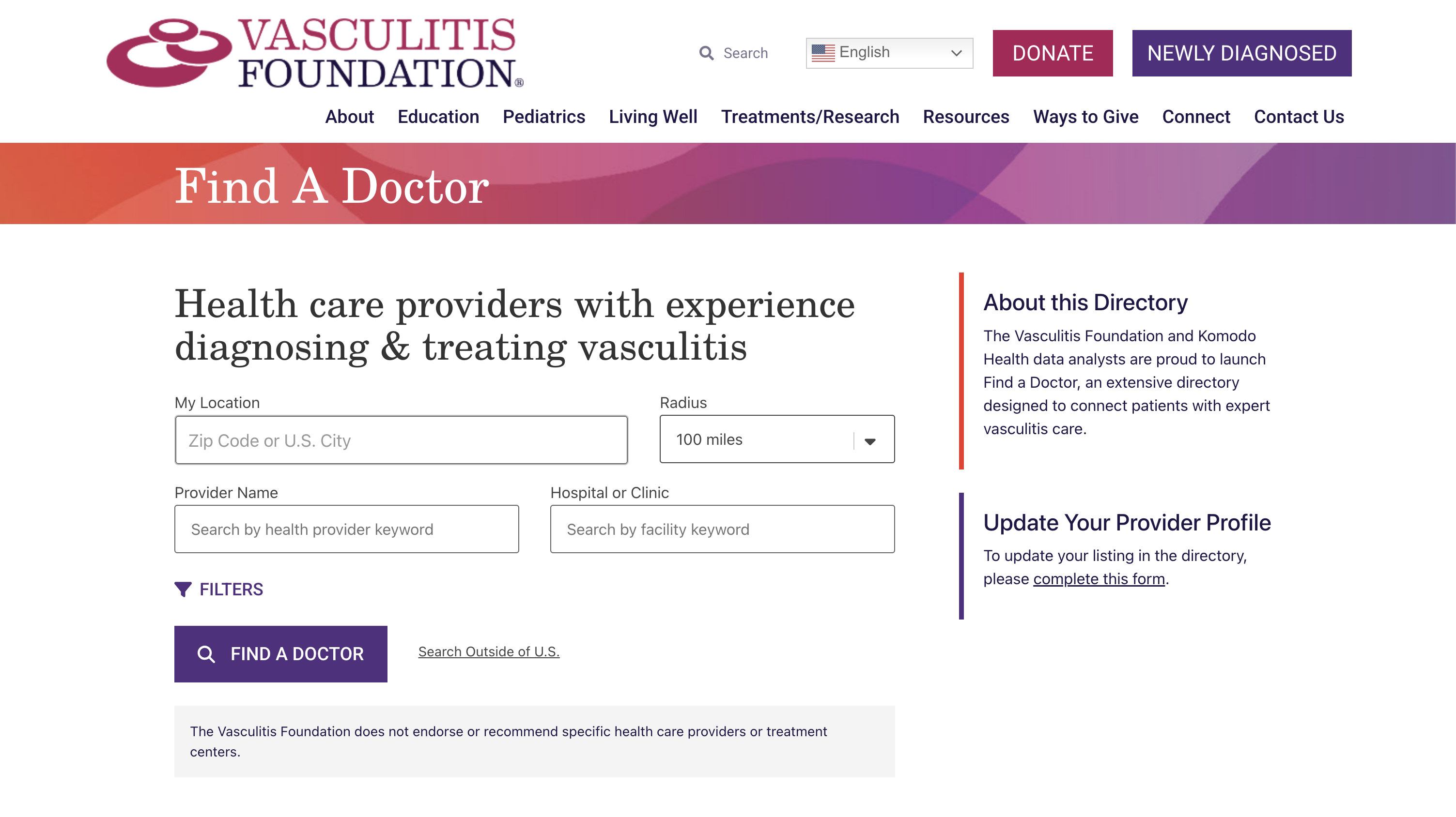Vasculitis Foundation specialist directory with search filters for finding expert care.