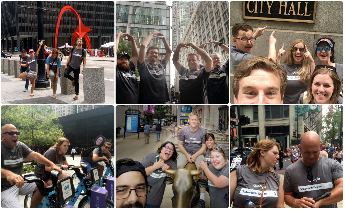 A collage of different pictures of Sandstorm employees exploring downtown Chicago.