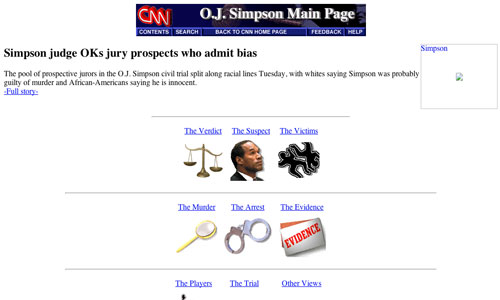 A screenshot of an old, outdated CNN website hosting information on the O.J. Simpson murder trial.