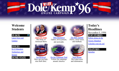A digital screenshot of an old website, promoting Bob Dole's presidential run in 1996.