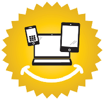 An illustration of a smartphone, tablet, and laptop with a big cartoon smile underneath.