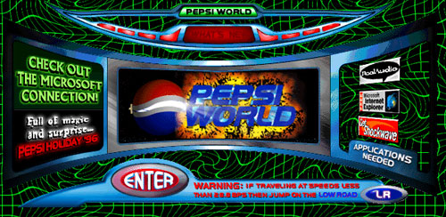 A screenshot of an old, outdated website called "Pepsi World" from 1996.