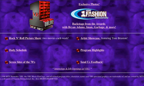 A screenshot of an old, outdated website promoting the VH1 television channel.