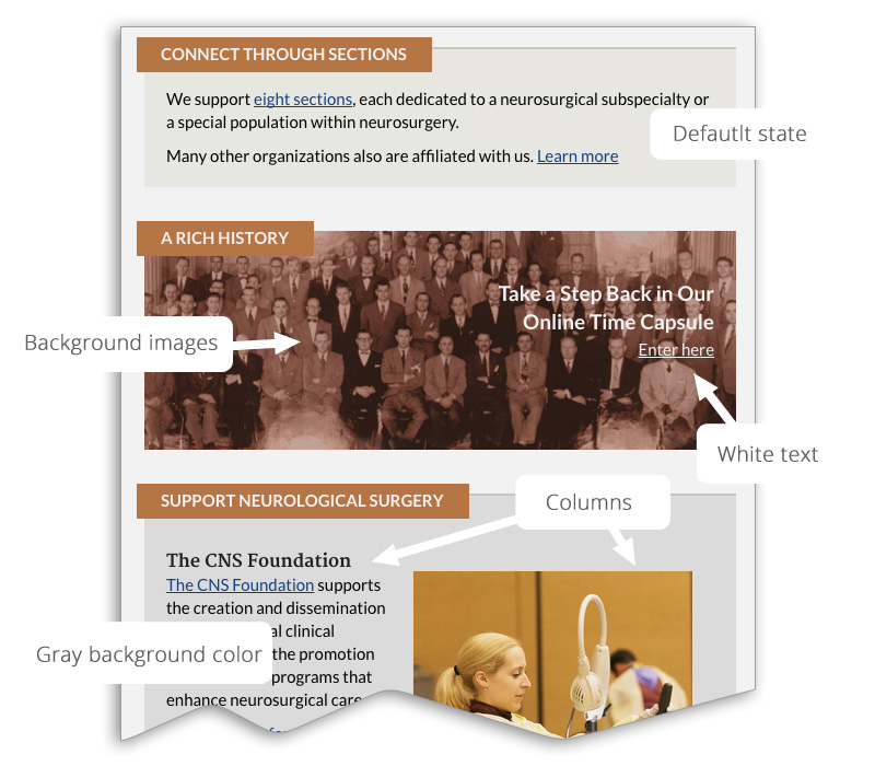 A web page layout with various sections related to neurosurgery