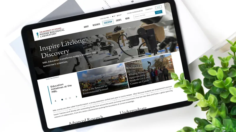 The MBL site on a tablet with a headline: Inspire lifelong discovery