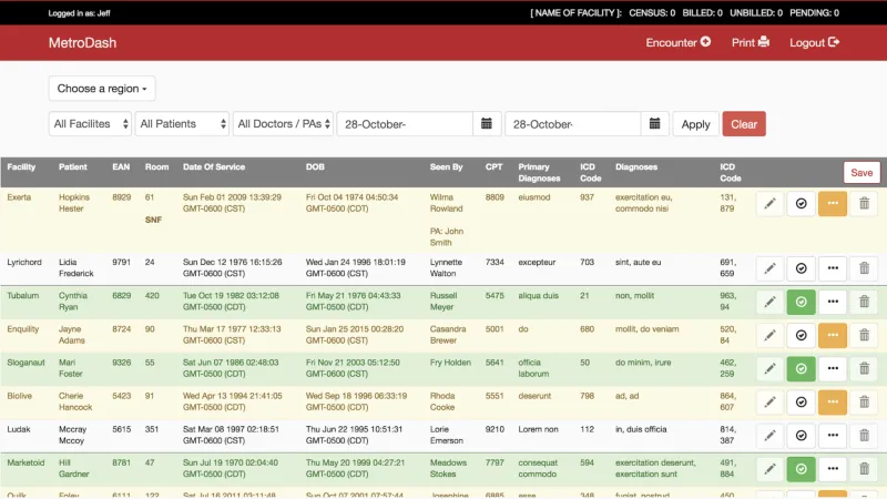 Example billing screen with yellow and green alternating rows