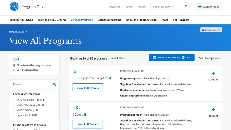 casel program guide website showing all programs