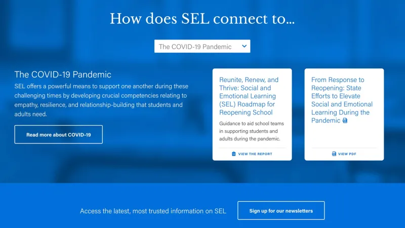 casel website showing how SEL connects to various topics 