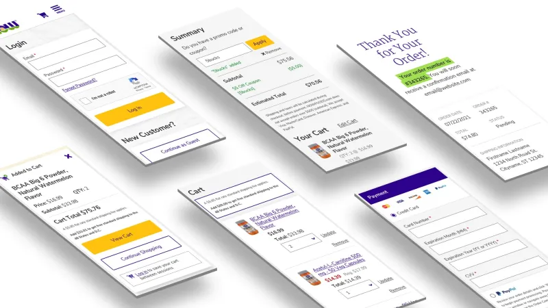 Group of mobile images showing the checkout flow of the Now Foods website