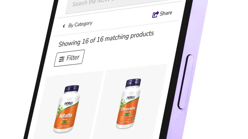 mobile phone showing grid of now foods products
