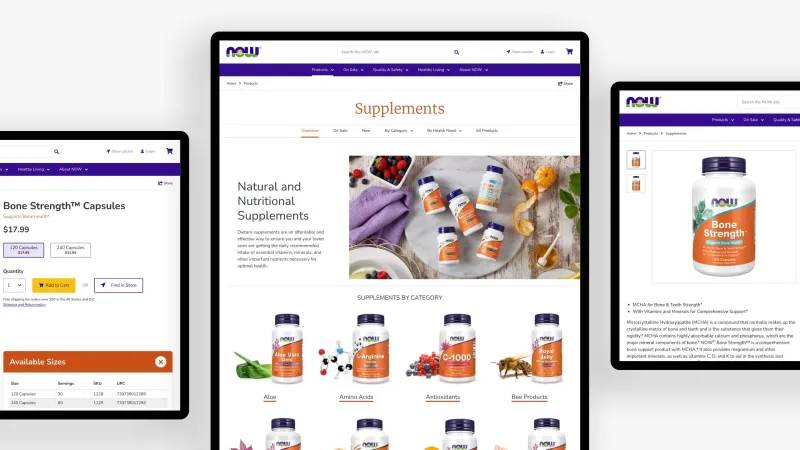 Group of devices showing the supplements page and a product detail page