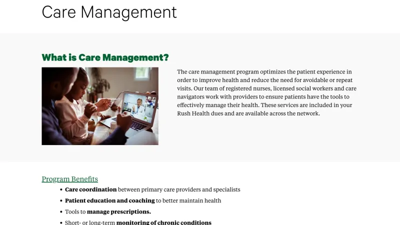 rush webpage showing care management