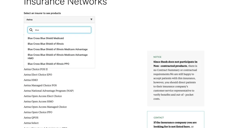 Rush webpage with insurance networks listed and an autofill dropdown input