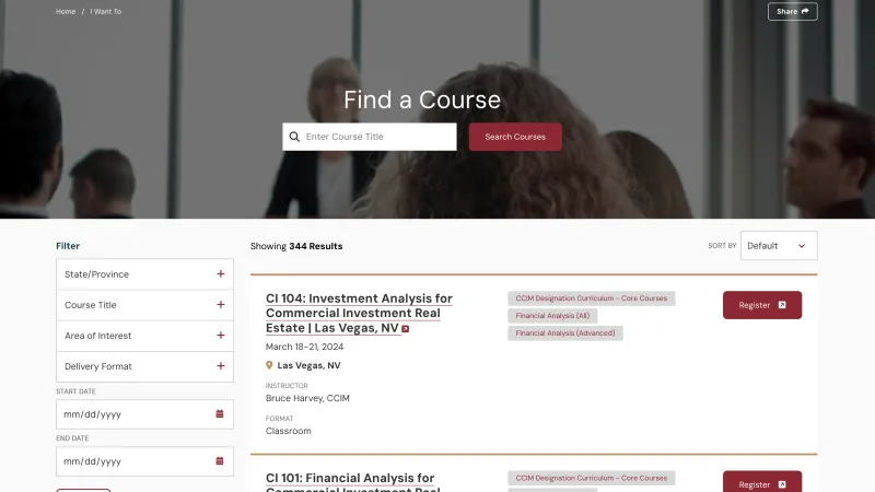 Find a course page with filters