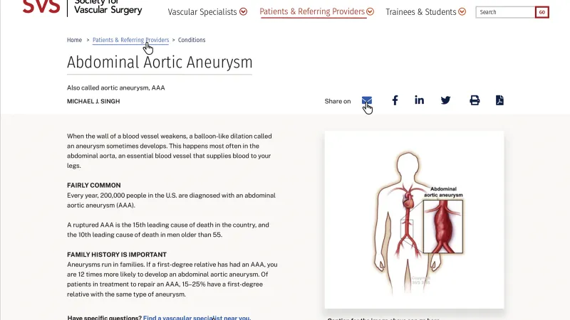A patient condition page showing Abdominal Aortic Aneurysm with anatomical images and jump links to easily navigate content