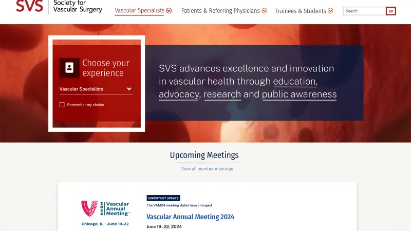 Header area of SVS homepage with bold red and blue colors and a selector for audience