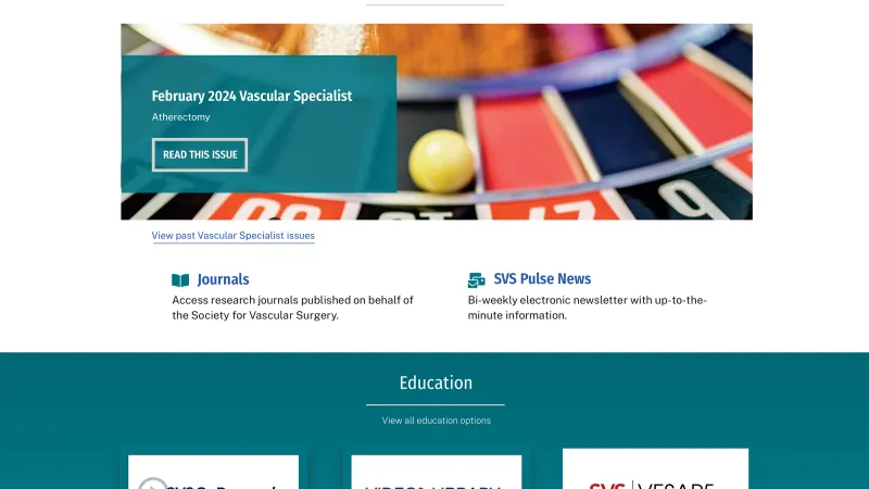 SVS homepage highlighting 3 journals and 3 othe rmember resources in a bold teal with graphic roulette wheel background