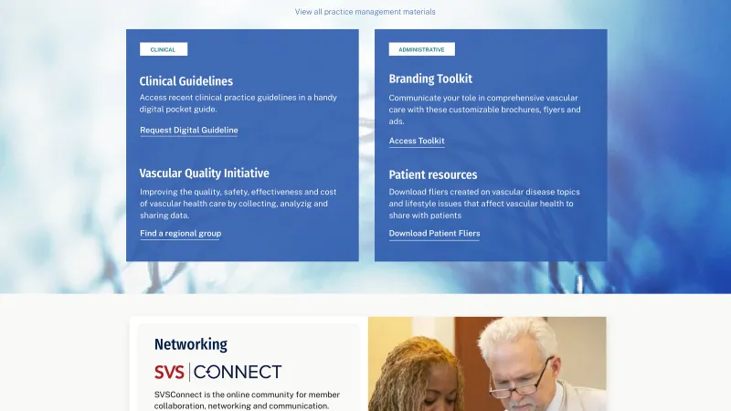 SVS home highlighting practice management resources with a blue textural background
