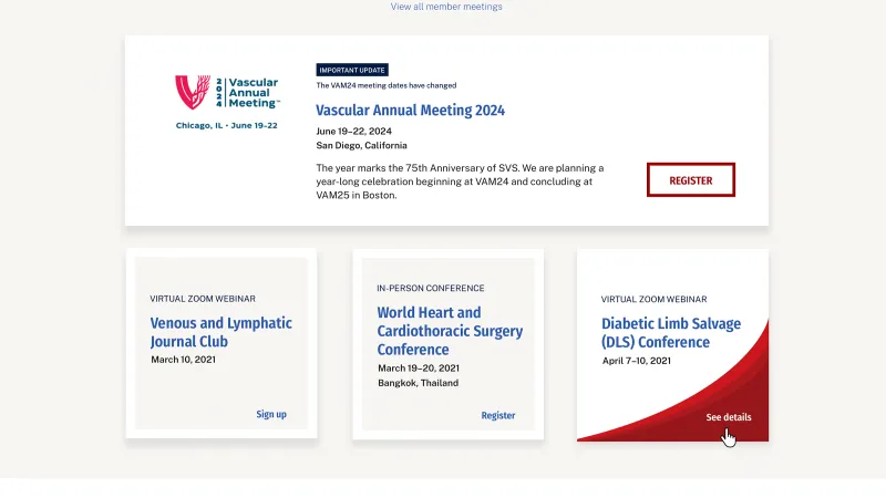 SVS homepage area highlighting upcoming meetings in blocks and a red swoosh hover state 