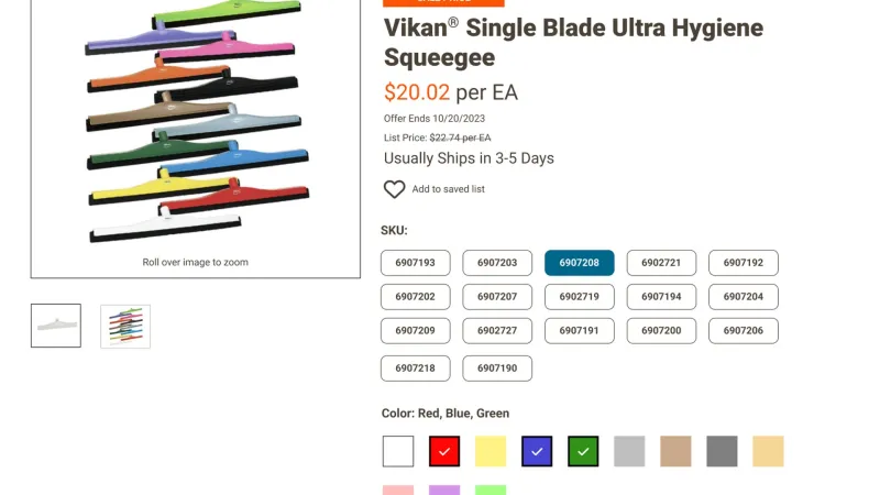 Vikan Single Blade Ultra Hygiene Squeegee products details wtih price, skus, colors, and shipping details