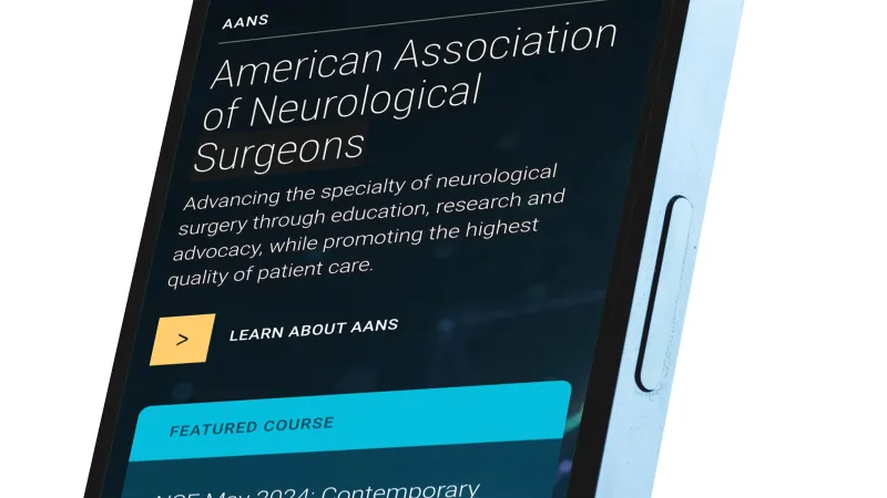 AANS homepage displayed on a mobile phone with dark and blue colors.