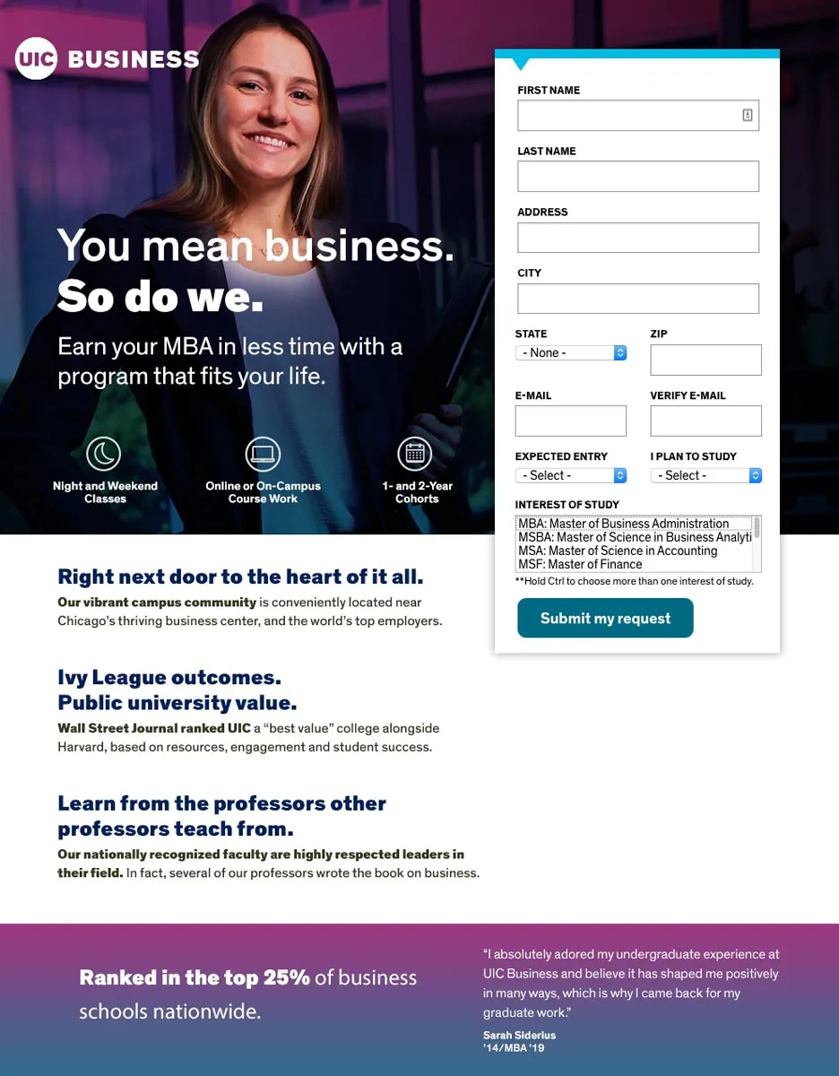 Digital landing page for UIC school of business ad campaign