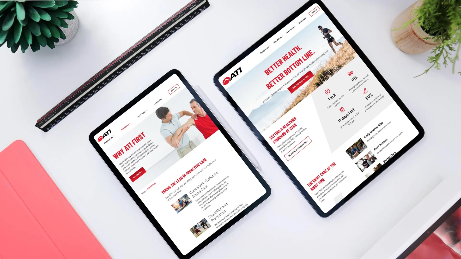 Two tablets showing pages of the ATI First website. Both are light and bright with spots of red and images to support text.
