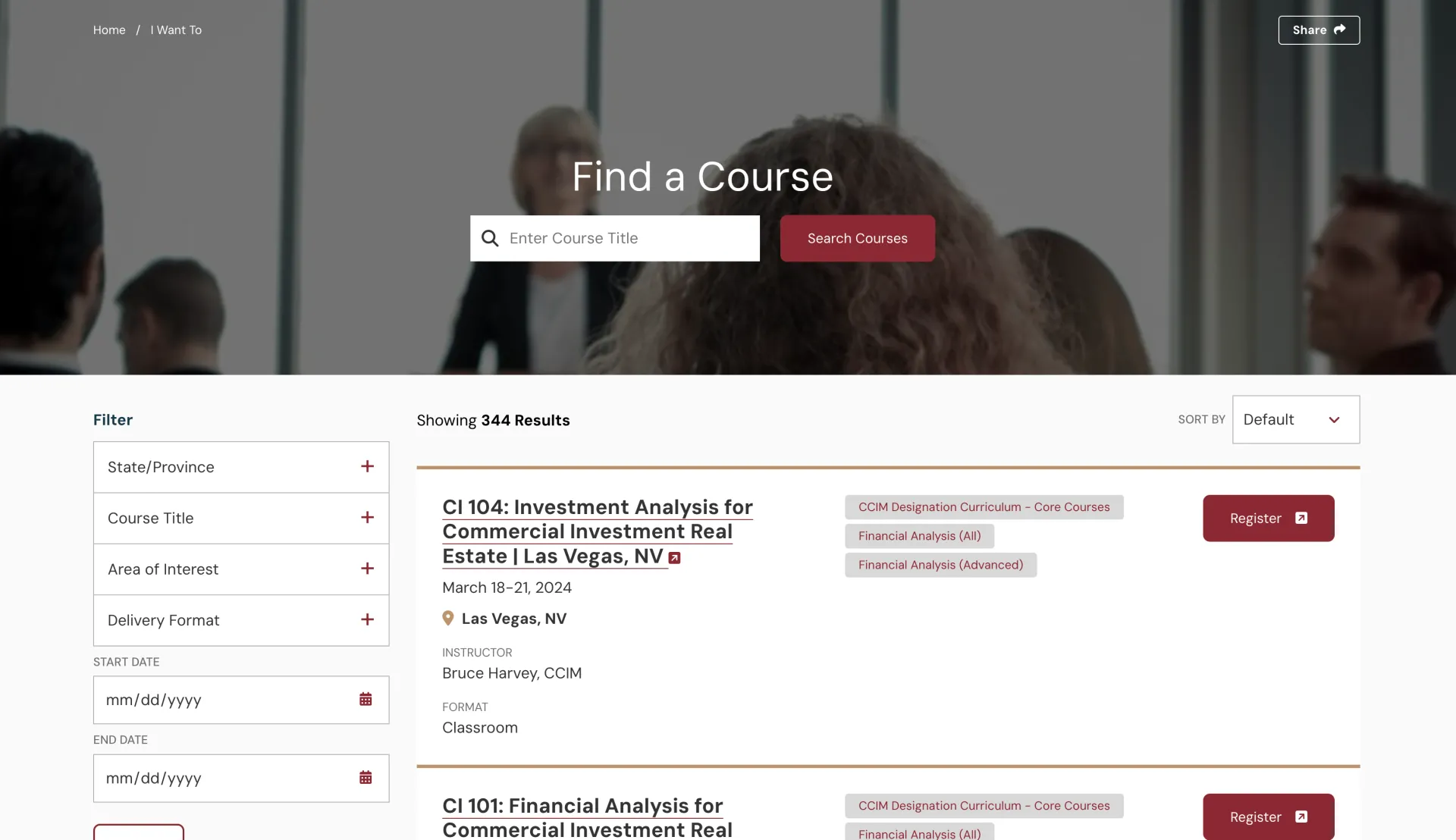 Find a course page with filters