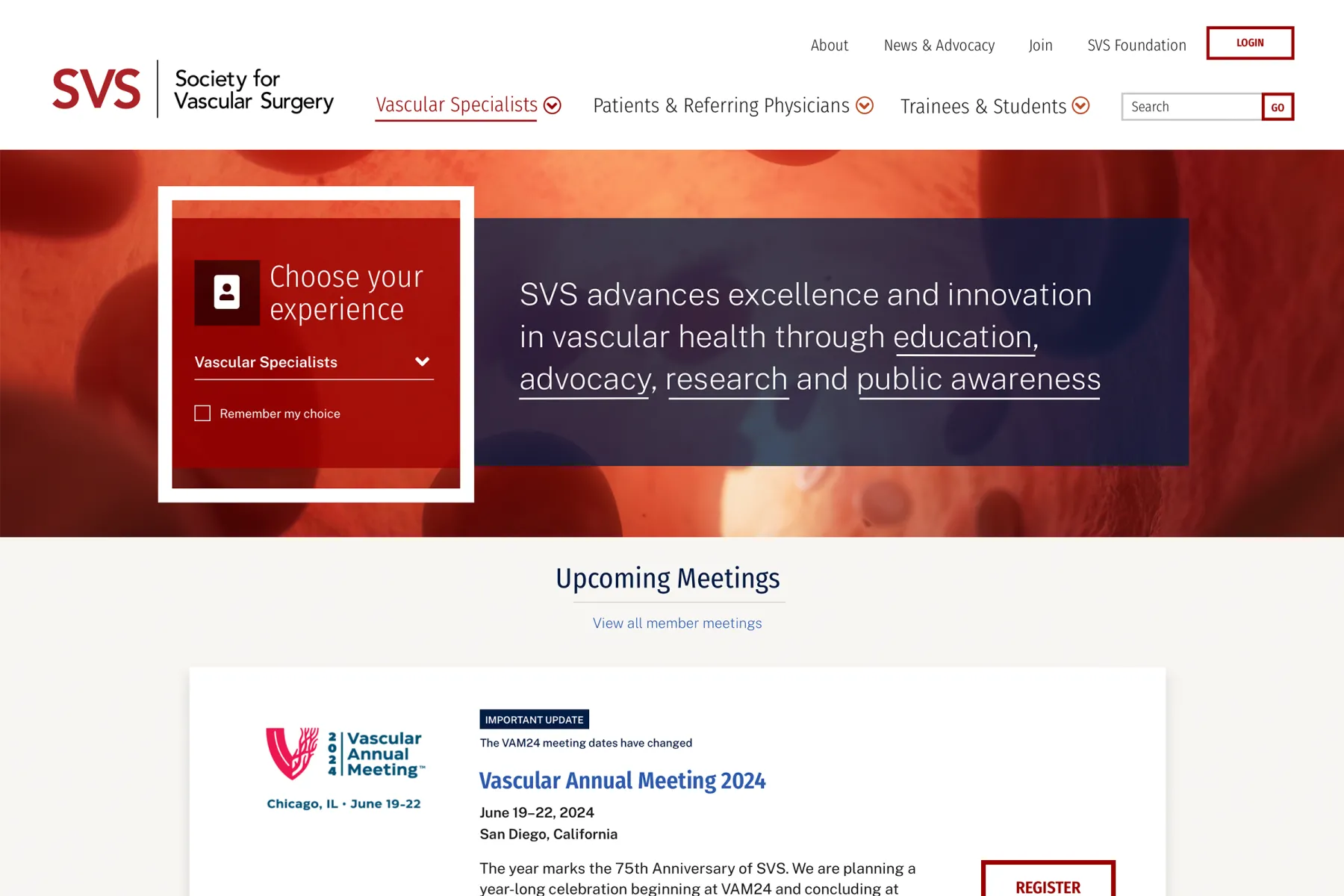 Header area of SVS homepage with bold red and blue colors and a selector for audience