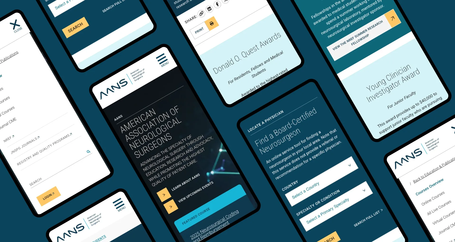 Several screens of the AANS site displayed on mobile devices