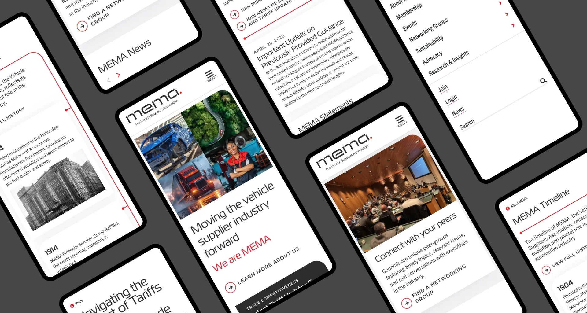 Mobile devices showing multiple pages of the MEMA website