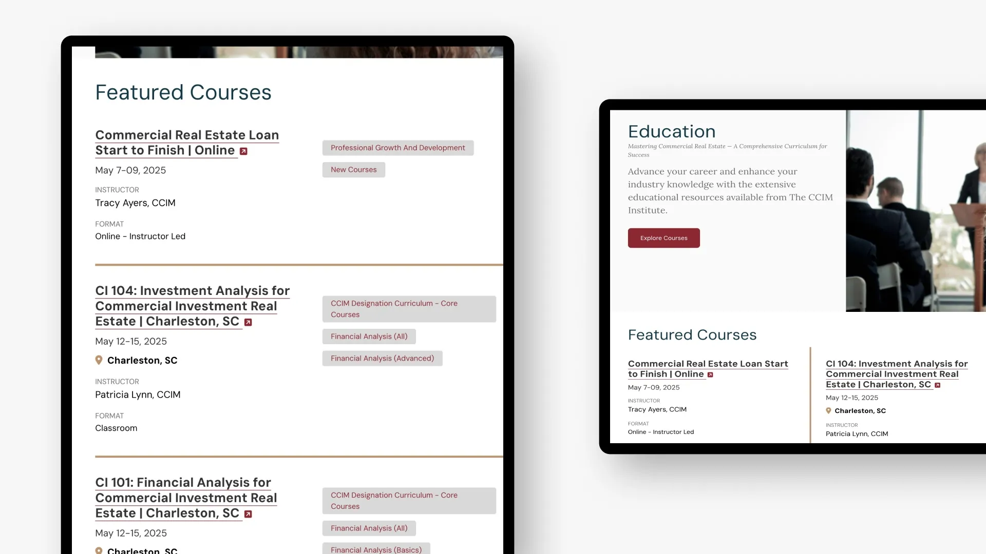 Website shown on a tablet for courses