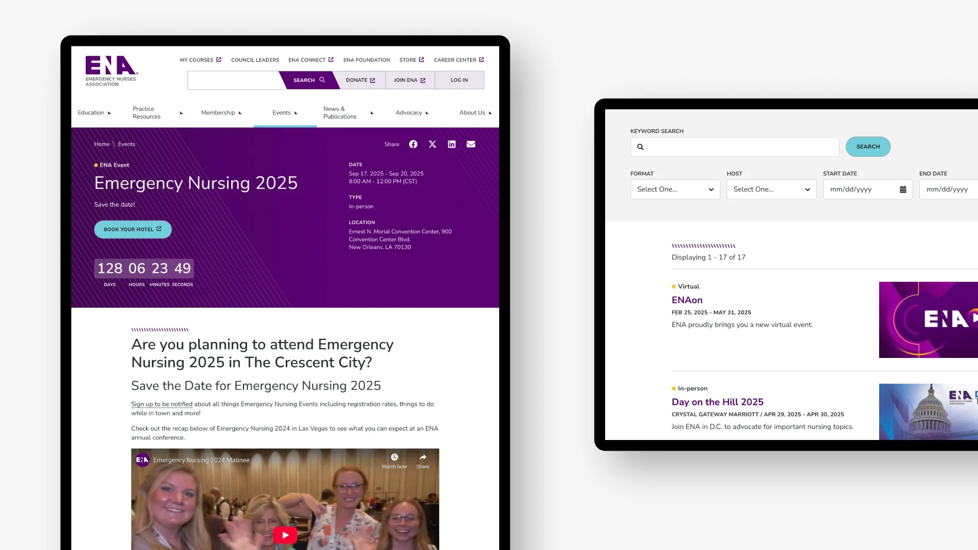 Tablet view of events page