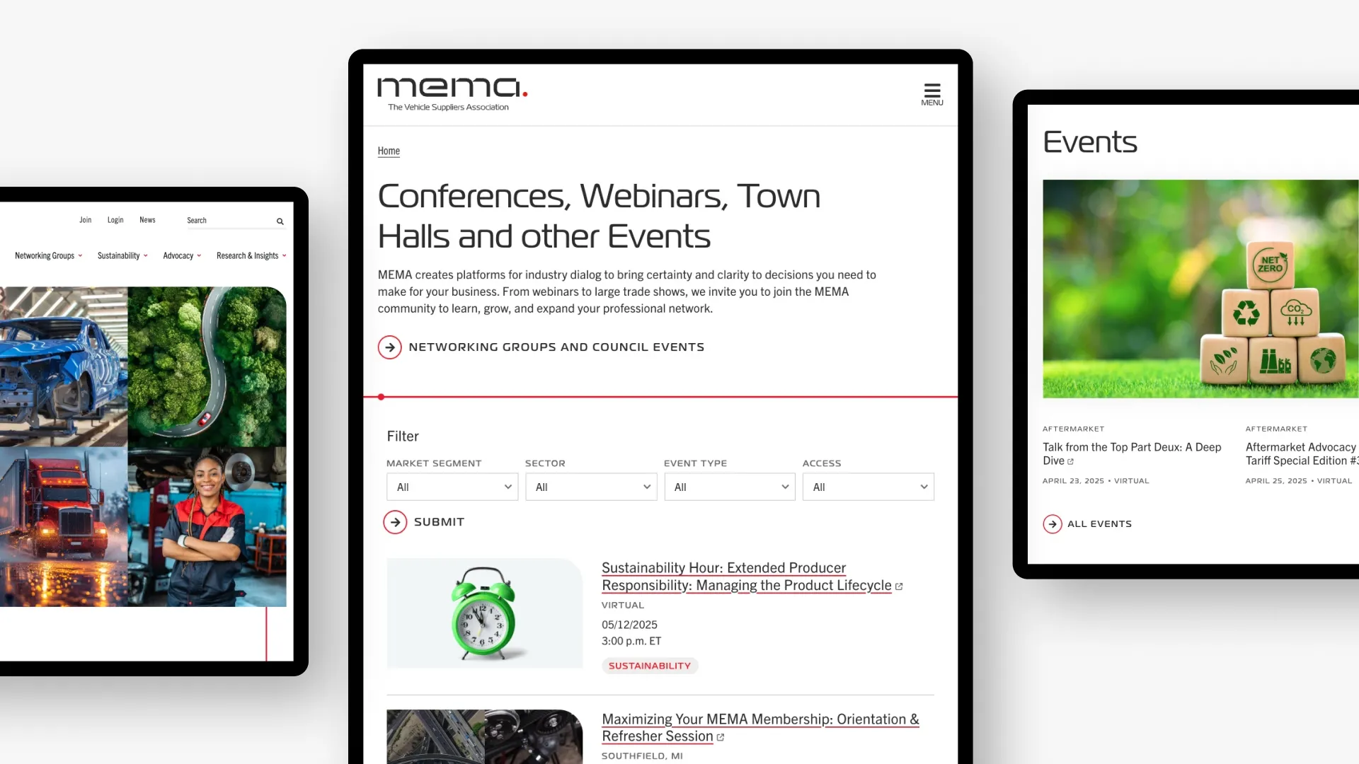 Multiple device view of the MEMA website