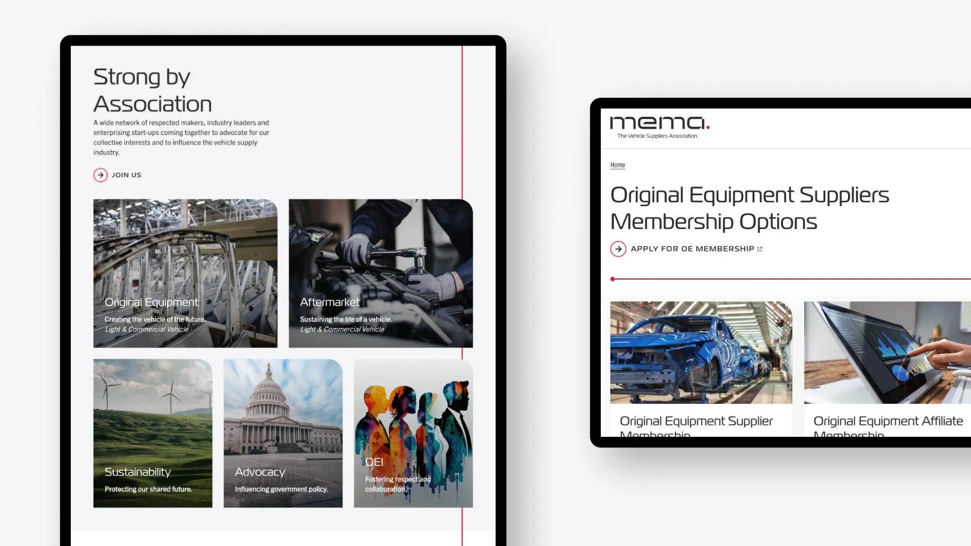 Tablet device view of the MEMA website