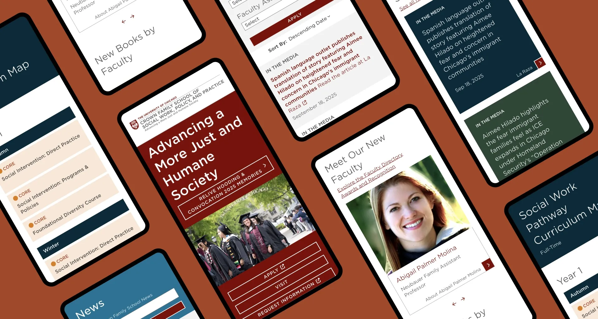 Mobile views of several screens from the Crown Family School site