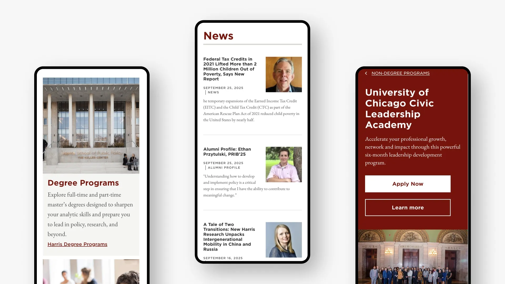 Mobile views of homepage elements for Harris School